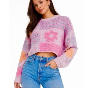 Sincerely jules floral cropped crewneck knit sweater Wide Sleeves